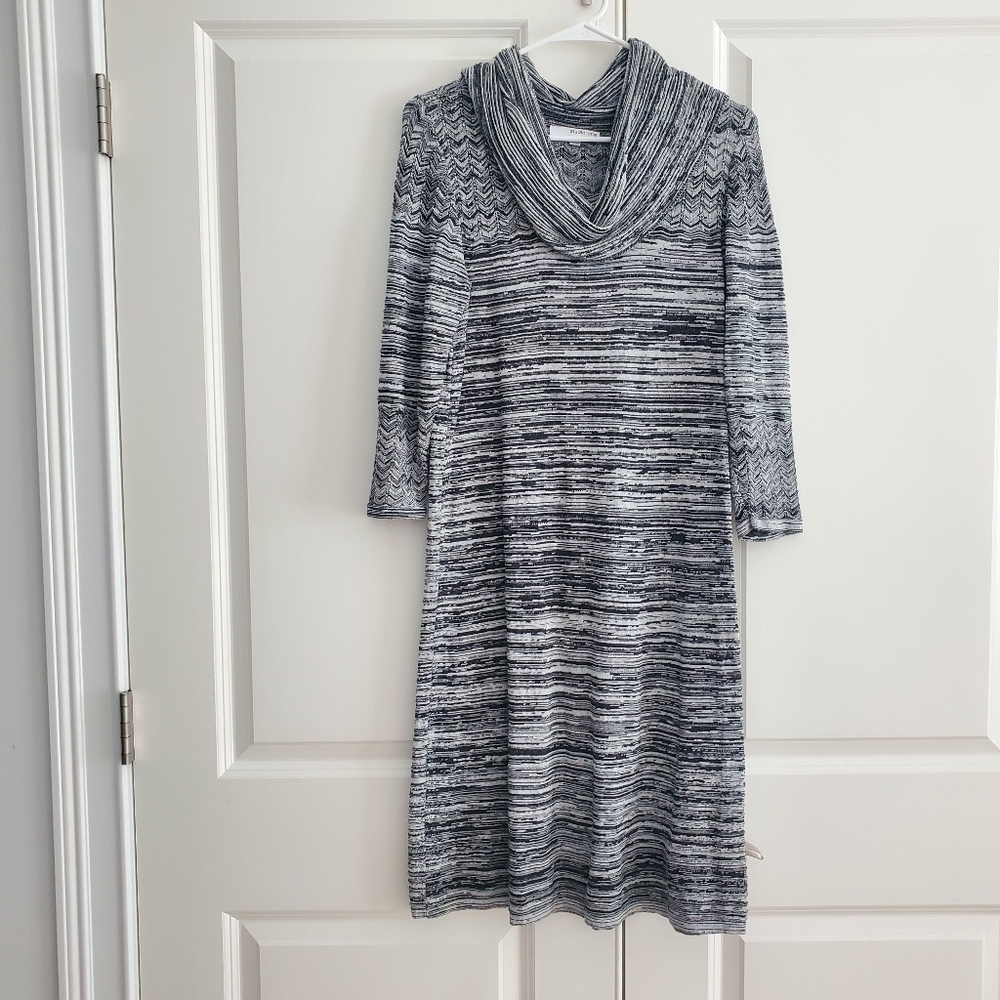 Elegant Studio One Black and White Cowl Neck Dress, Large, Perfect for a Night O
